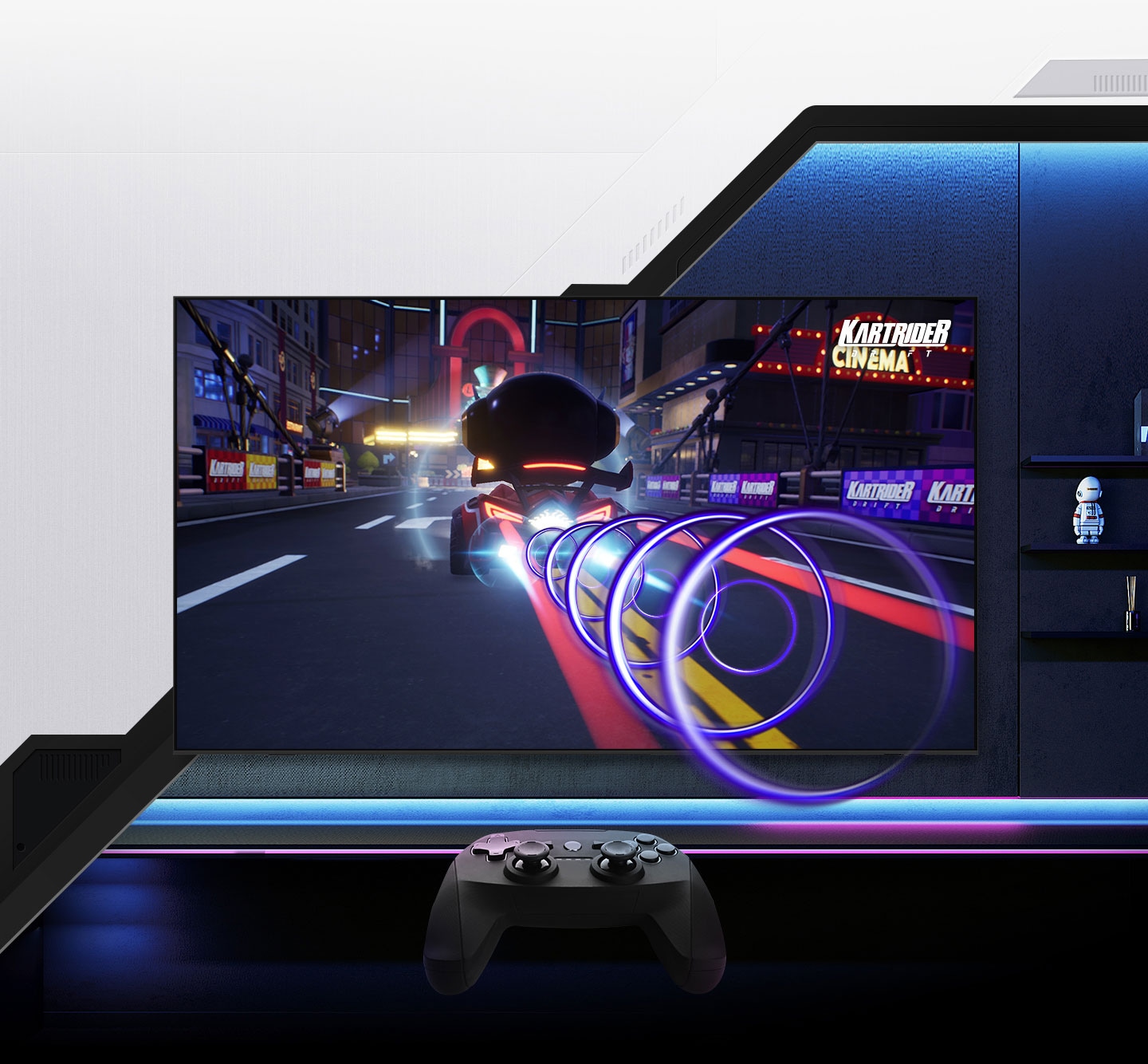 A Samsung Gaming TV displays Kartrider Drift on screen, with a controller moving around to control a racecar. Sound waves follow the cars around the screen and are released outside the screen.