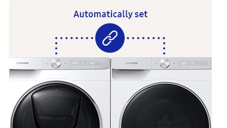 Samsung washer and dryer set is standing side by side and set automatically the perfect drying course for a wash cycle by linking automatically.