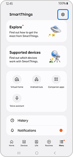 Settings highglighted on the SmartThings menu screen.