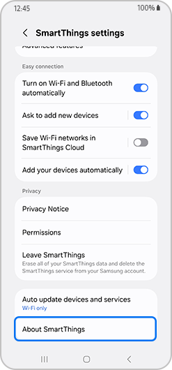 About SmartThings option highlighted on the SmartThings Settins screen.