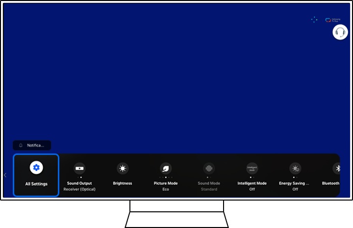 All Settings Highlighted on the home menu of a Samsung TV.