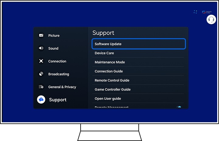 Software Update highlighted on the Support screen.