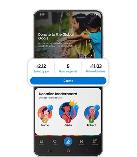 ממשק Global Goals של Samsung מגדיל את כלי לוח הבקרה ואת סמל התרומה במרכז. לוח הבקרה מציג את היתרה הנוכחית והיסטוריית התרומות של המשתמש. למטה מופיע לוח התורמים המובילים, המציג את שלושת התורמים המובילים לפי חודש ואזור.