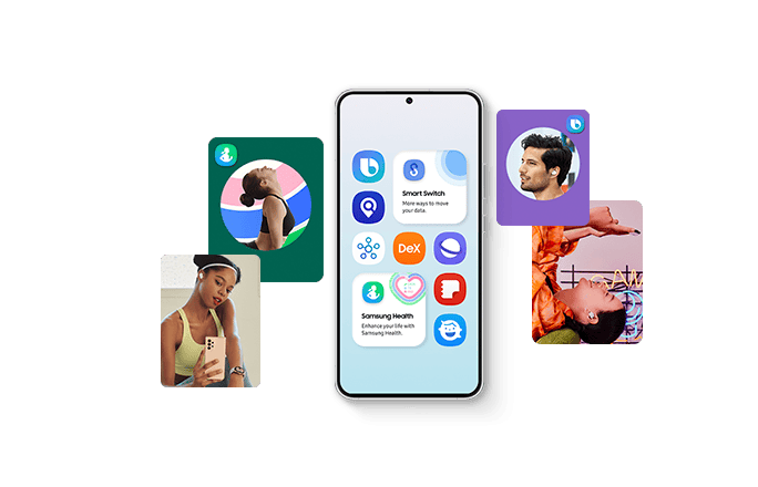 סמארטפון Galaxy מציג סמלים של אפליקציות ושירותים שונים. משני צידי הסמארטפון, ניתן לראות אנשים משתמשים במכשירי Galaxy, מצולמים בתנוחות הקשורות לשירותים ולאפליקציות של Galaxy.