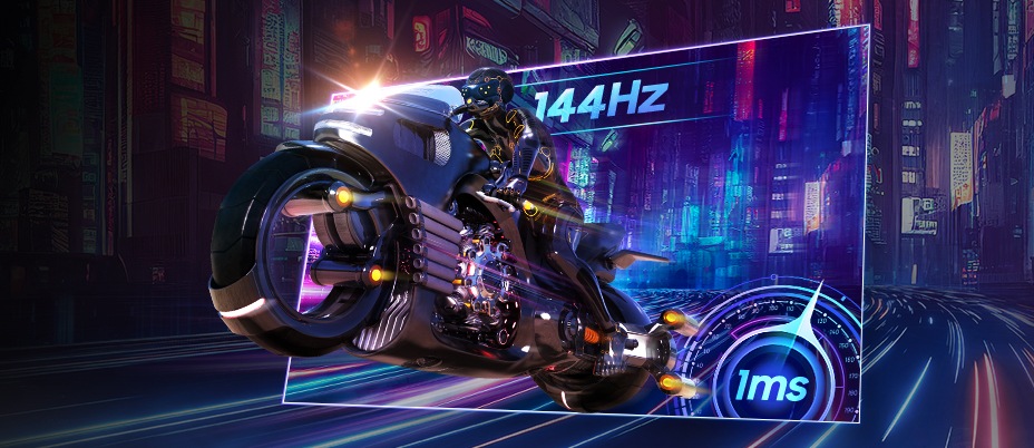 A character riding a motorcycle. The motorcycle zooms out of the screen. 144Hz and 1ms.