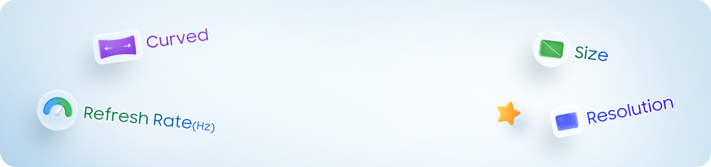 Tap things to know about monitors. Curve, Size, Refresh Rate(Hz) and Resolution icons surround the text.