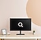 A beige-pink background. A monitor on top of the wooden table with a big search icon.