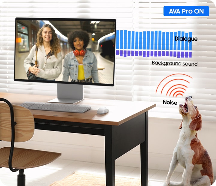 סצנה שבה שתי נשים משוחחות. הדיאלוג וקולות הרקע מתוזמנים בהתאמה לסרטון. עוצמת קולות הדיאלוג עולה כאשר כלב נובח.