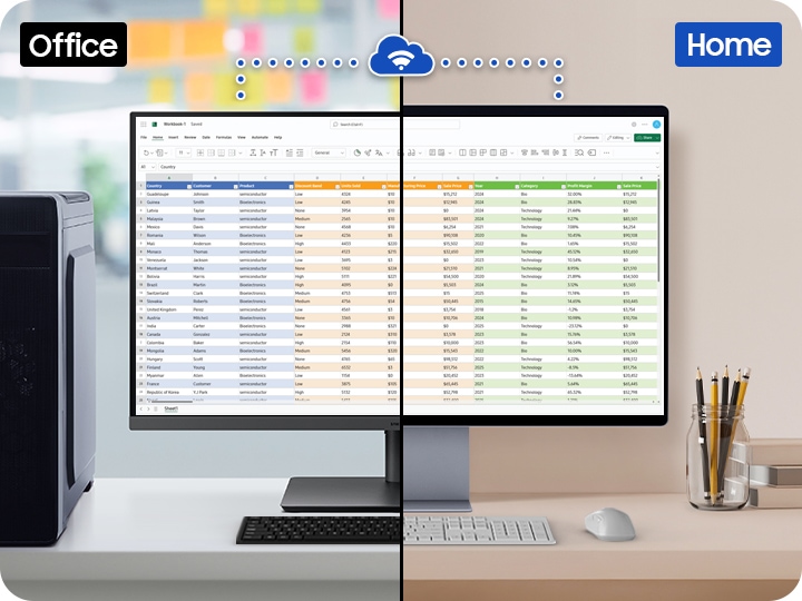 צג באזור העבודה במשרד מציג קובץ Excel המכיל הרבה נתונים. \"צג זה מחובר לצג נוסף בבית באמצעות Wi-Fi, ושני הצגים מציגים את אותו קובץ Excel.