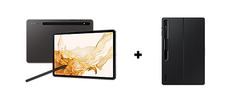 /משמאל, גרפיט Galaxy TabS8 עם גל צבע מים כתום המוצג על המסך שלו פונה ישר בזווית, נתמך על ידי מקלדת כריכה שחורה Slim. מתחתיו קראו את הטקסט "Galaxy Tab S8 | S8+". מימין, גרפיט גלקסי TabS8 Ultra עם גל צבע מים כהה המוצג על המסך שלו פונה ישר בזווית, מרחף מעל מקלדת עטיפה שחורה עם S Pen מונחת לצידה. מתחתיו קראו את הטקסט "Galaxy Tab S8 Ultra".