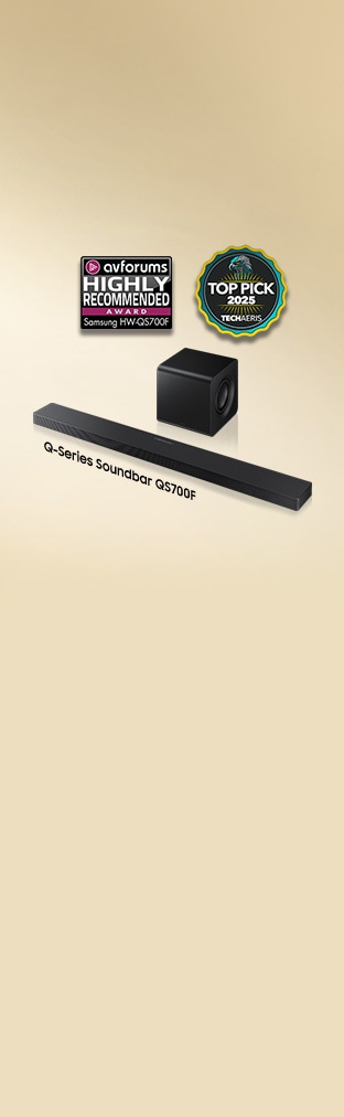 התקן קול Q-Series QS700F עם סאב-וופר. לוגו של Avforums HIGHLY RECOMMANDED AWARD הכולל את Samsung HW-QS700F ואת לוגו TECHAERIS TOP PICK 2025. HW QS700F זכה בפרס AV Forums Highly Recommended ו-Techaeris Top Picks, אפריל 2025.