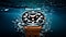 A Galaxy Watch Ultra is seen close-up in the water near the surface, showcasing its design. 'Galaxy AI is here' with a Galaxy AI icon show up above the device.