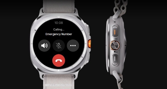 A Galaxy Watch Ultra with the Emergency SOS call screen with the text of 'Calling... 911' is shown. Next to it is a side view of the watch showing three buttons including Home button.
