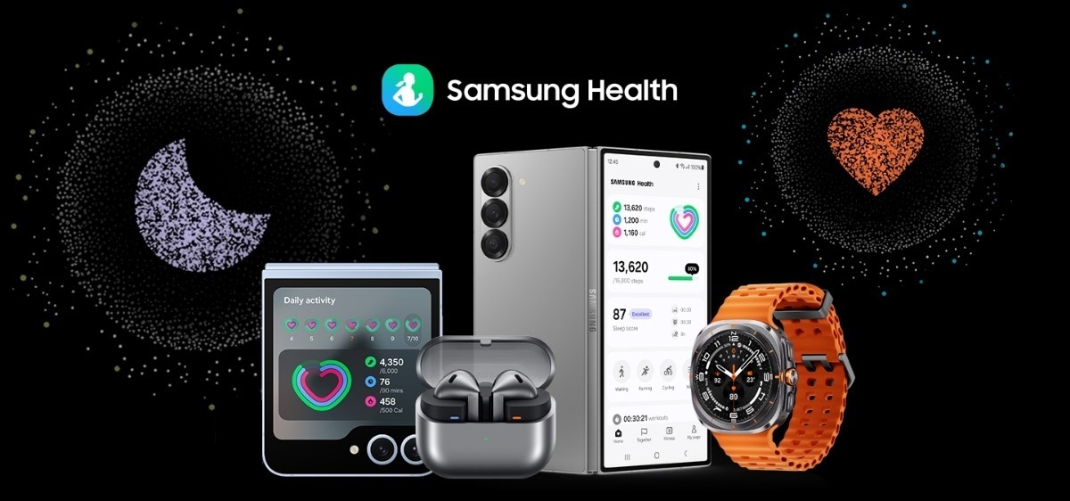 Galaxy Ring, Galaxy Z Flip6, Galaxy Buds3, Galaxy Z Fold6 and Galaxy Watch Ultra are grouped together with the text 'Samsung Health' above them. Large app icons for sleep tracking and heart rate tracking are hovering over the devices.