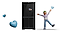 Bespoke Refrigerator is centered, with two blue-toned 3D heart icons of different sizes floating to its left. To the right, a young male character strikes an energetic pose with arms and legs spread wide, while a small blue 3D heart icon floats above him.