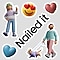 At the center, a tilted sticker-like text reading “Nailed it” is seen, surrounded by two characters and three icons arranged as stickers decorating the scene. At the top left is a lively young male character making a V-sign with one hand, next to a yellow face emoji with heart eyes. At the top right is a pink 3D heart icon, and at the lower left is a blue 3D heart icon. At the lower right is a stylish male character walking a small dog.