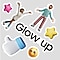 Centered slightly below is a sticker-like text reading “Glow up,” surrounded by decorative characters and icons. At the top left of the text, a stylish female character raises both arms, with a small pink 3D star icon to her left. At the top right of the text, a stylish male character spreads his arms, with a yellow 3D star icon placed below his right side. Beneath the text are a 3D thumbs-up hand with a blue sleeve and a yellow face emoji with a satisfied expression.