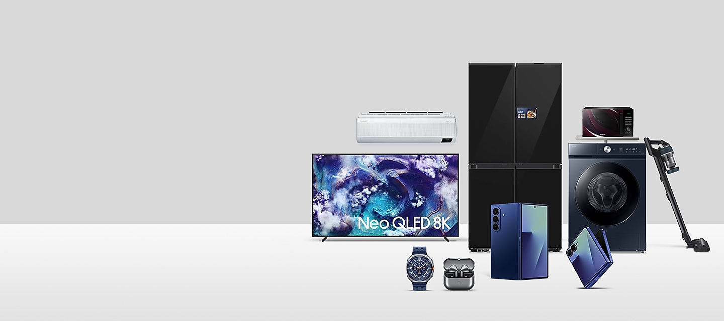 Smartphones, Galaxy Watch, and the freestyle, All home appliances, including Bespoke refrigerators, TV, and washing machines for sale by Samsung, are arranged.