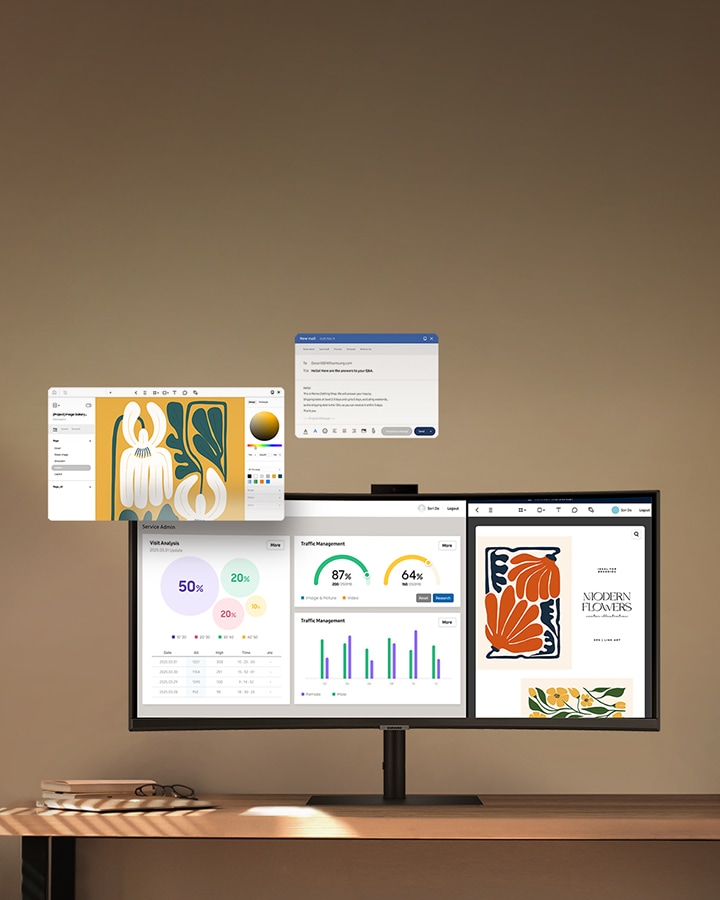 A home office setup with a monitor that shows different apps and documents. The monitor shows a document with various data and a PDF file. On the side, an email and editing app are displayed.