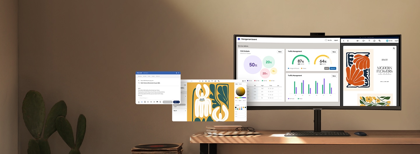 A home office setup with a monitor that shows different apps and documents. The monitor shows a document with various data and a PDF file. On the side, an email and editing app are displayed.