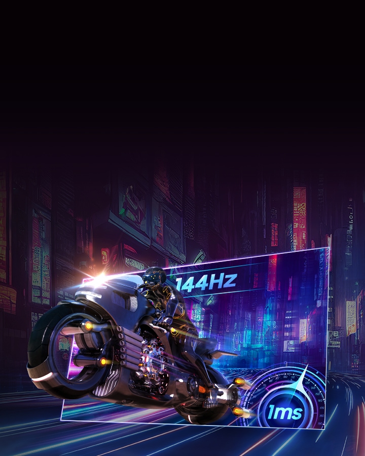 A character riding a motorcycle. The motorcycle zooms out of the screen. 144Hz and 1ms.