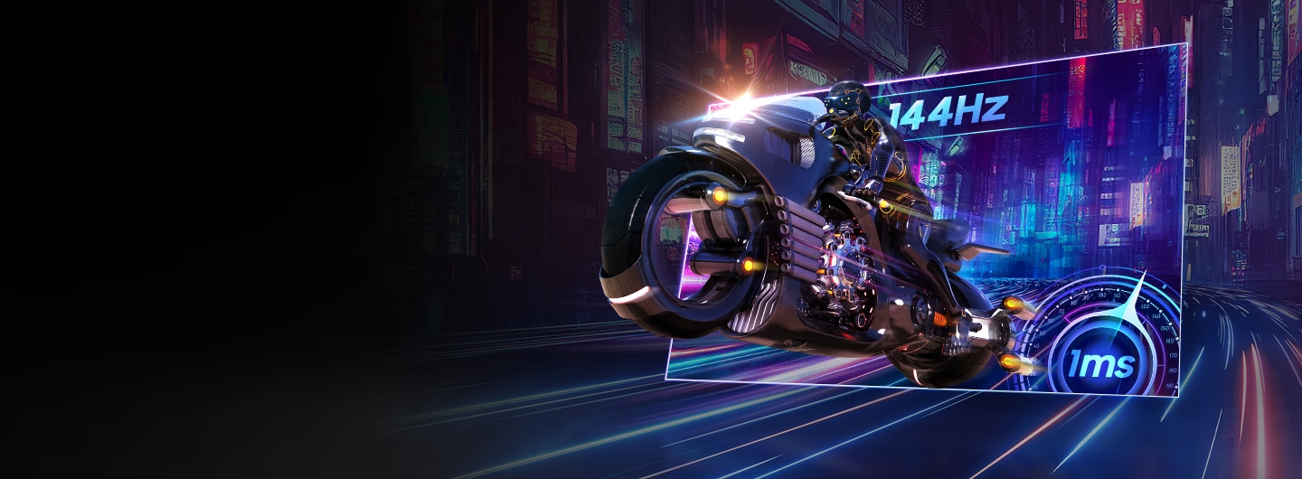 A character riding a motorcycle. The motorcycle zooms out of the screen. 144Hz and 1ms.