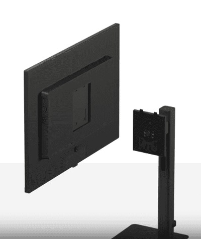 A Samsung ViewFinity monitor being assembled using the Easy Setup Stand. It is a tool-free installation process, with a user effortlessly attaching the rear of the monitor to the stand. The setup provides flexible viewing options for convenience and versatility..