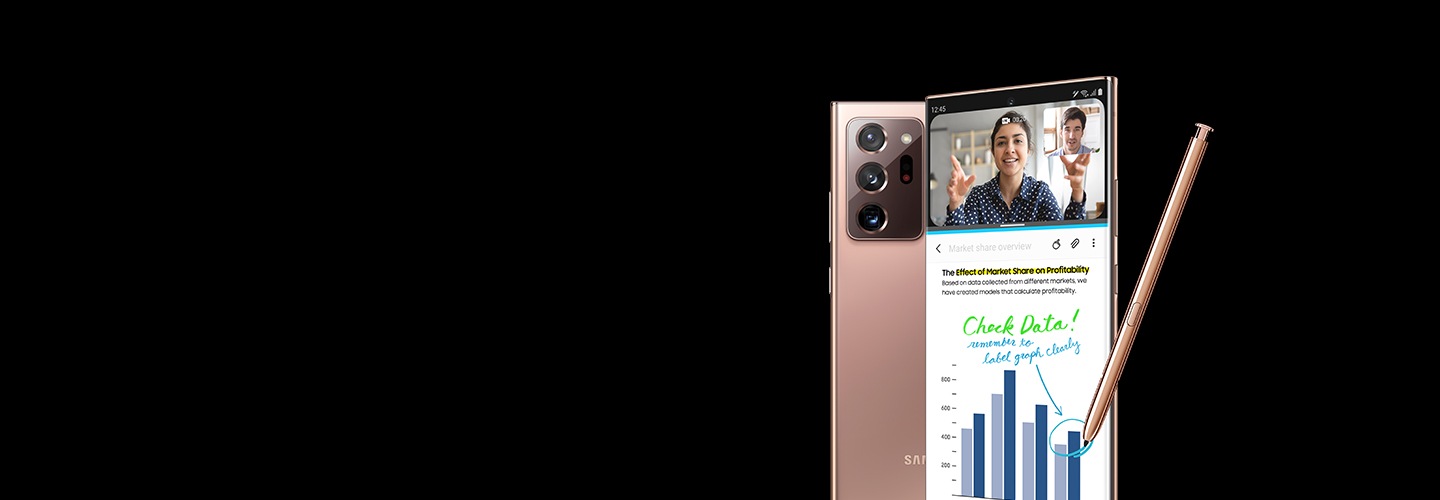 The upper half of two Galaxy Note20 Ultra phones in Mystic Bronze. One seen from the rear and the other is seen from the front at a three-quarter angle. The one seen from the front has two apps in split screen mode, with a video call on the top and Samsung Notes app on the bottom, showing how easy it is to multitask on Galaxy Note20 Ultra.