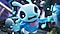 A whimsical looking blue alien in mid-air inside a modern spaceship. The alien has two antennae, two big eyes, and is wearing a two-piece space uniform that consists of a blue top with pink details, and white pants. The alien looks startled, and has both arms stretched out seemingly bracing itself for a fall. In the background, broken pieces and shards are floating around in disarray, as well as a big bluish green button.