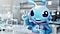 A whimsical looking blue alien standing in front of a lab, holding up a V-sign and smiling at the camera. Around the neck is its employee ID with a photo of the alien, and on the chest a pink badge with three stars.