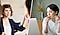 Collage of two women in office environments. One is a white woman with curly hair wearing a blue blazer leads a meeting by pointing to a whiteboard with Post-Its on it. In the other, an Asian woman holding a pen quietly contemplates her work while sitting at a desk, with a background full of tastefully arranged plants.
