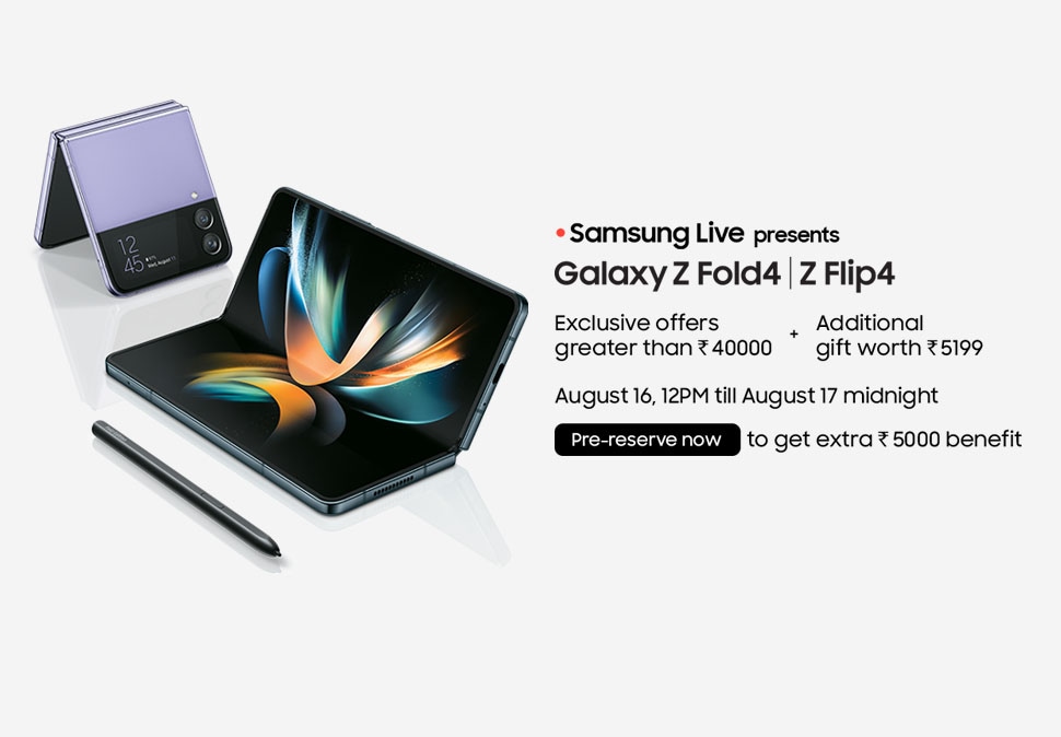 Two Bora Purple Galaxy Z Flip4 devices are next to each other. One is open at a 90 degree angle and its Main Screen displays a purple and yellow ribbon-like wallpaper. The other is folded and its Cover Screen features the same wallpaper as the Main Screen on the other device.