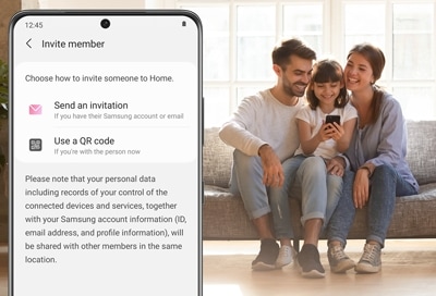 Little girl using phone with her parents watching with SmartThings members screen