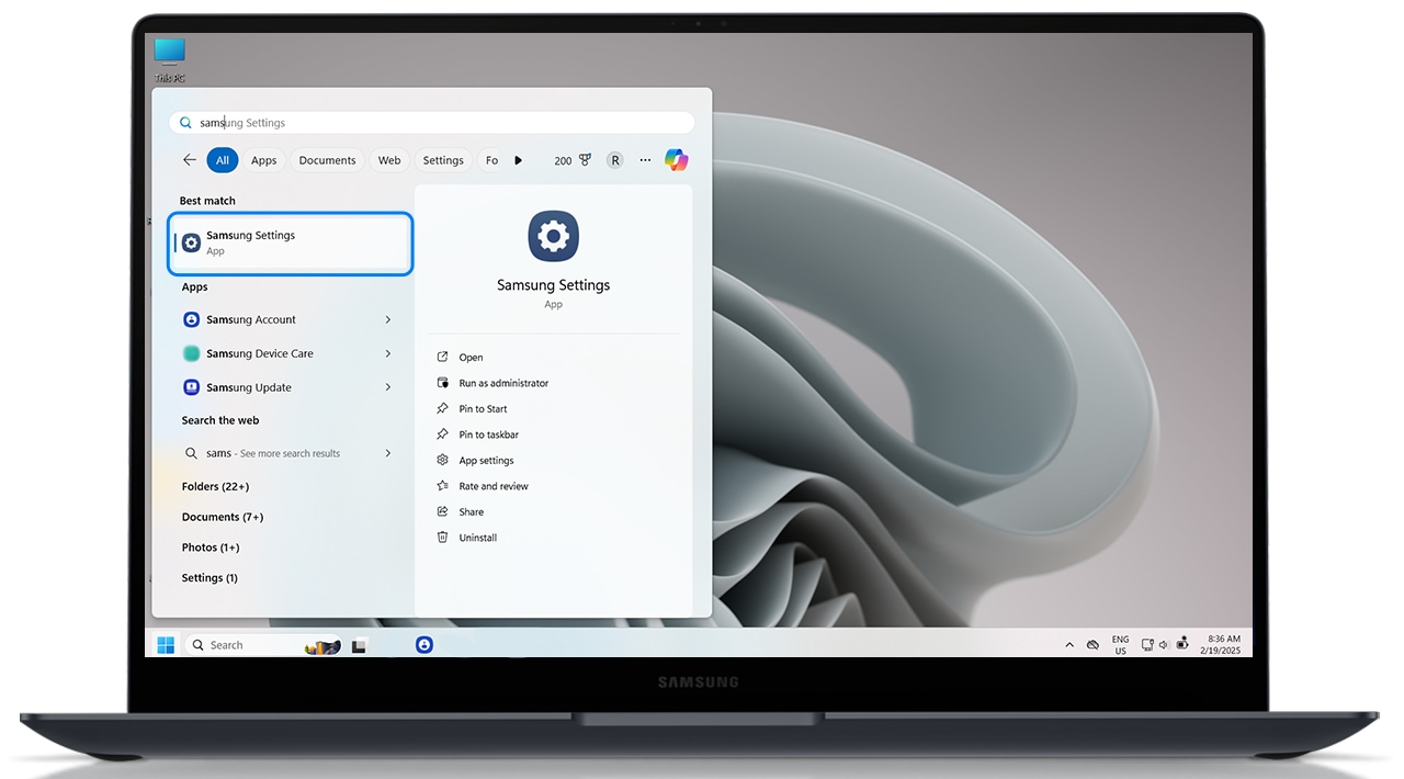 click on samsung settings on galaxy book