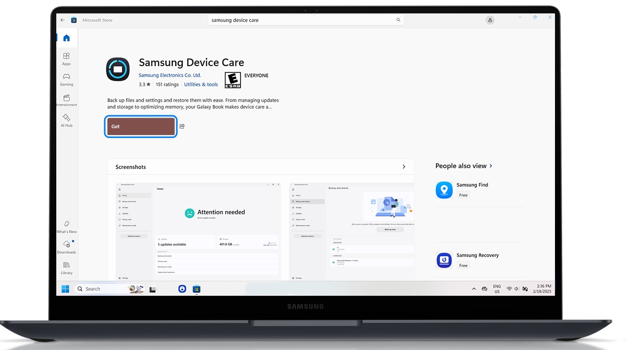 image showing the microsoft store to download the samsung device care app