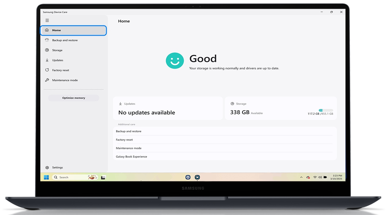 image showing the home screen of samsung device care