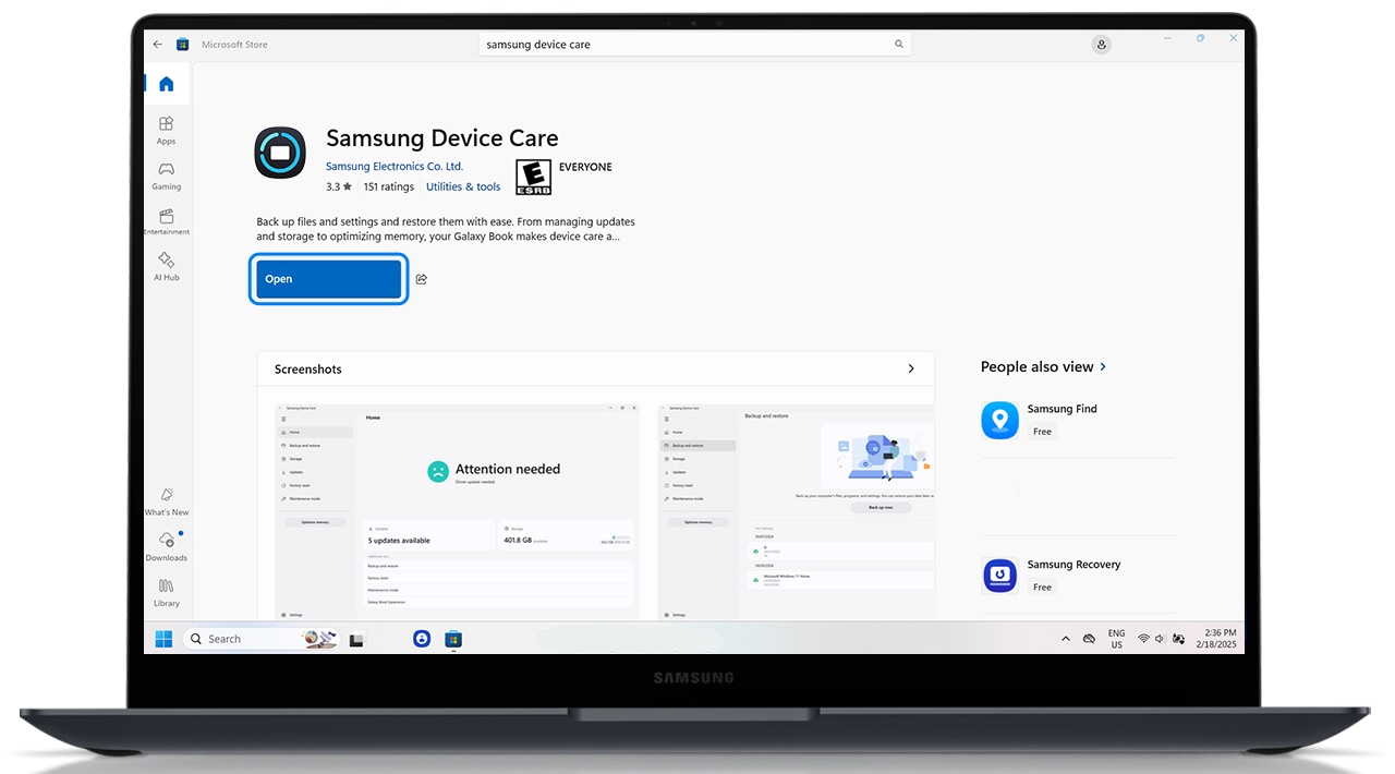 image showing to open the samsung device care app