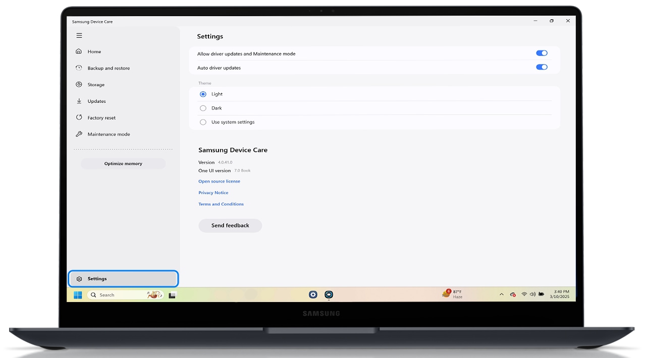 image showing the settings in samsung device care