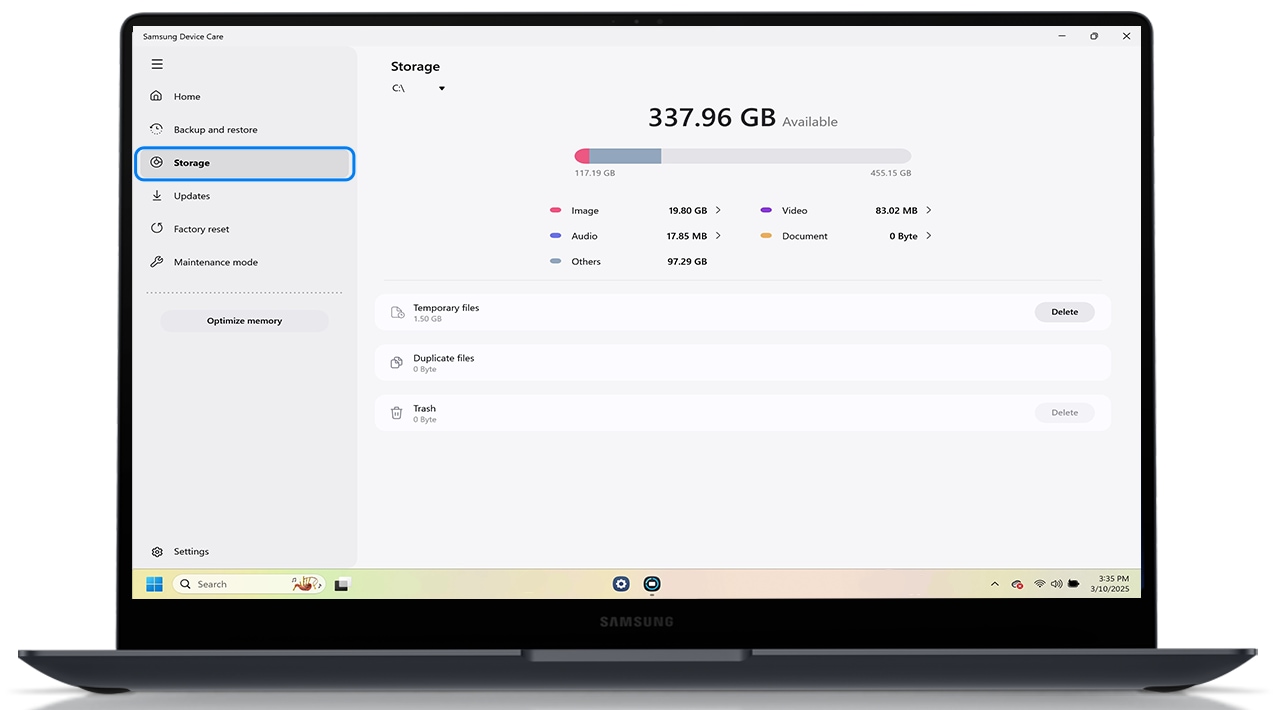 storage features insamsung device care