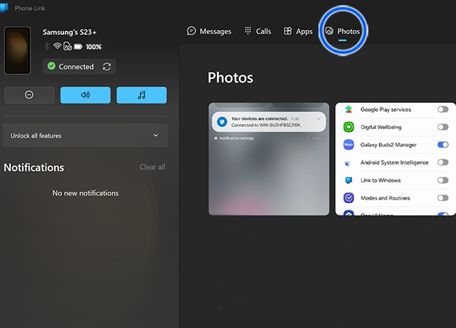 image showing the pictures of galaxy device showing in phone link