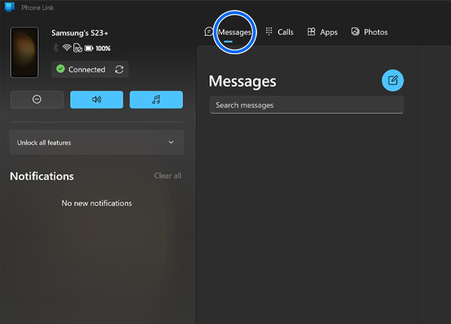 image showing the messages in phone link app