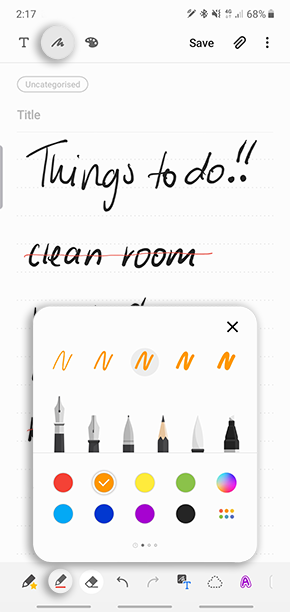 Tap on pen mode to select from a range colours and pen types