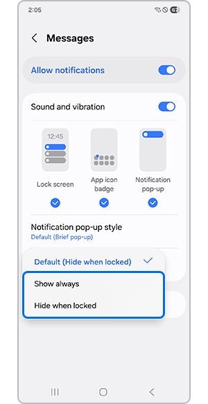 Tapping either Show always or Hide when locked