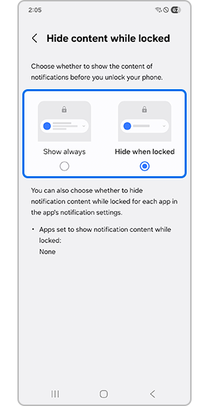 Tapping either Show always or Hide when locked