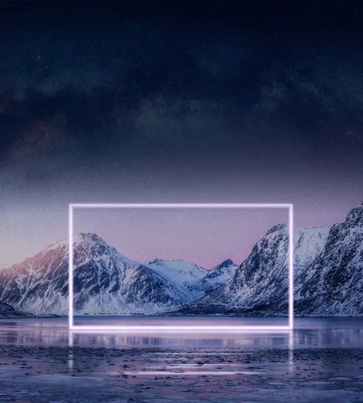 A glowing rectangular silhouette like a TV screen is set on an outdoor lake with snowy mountains in the background.