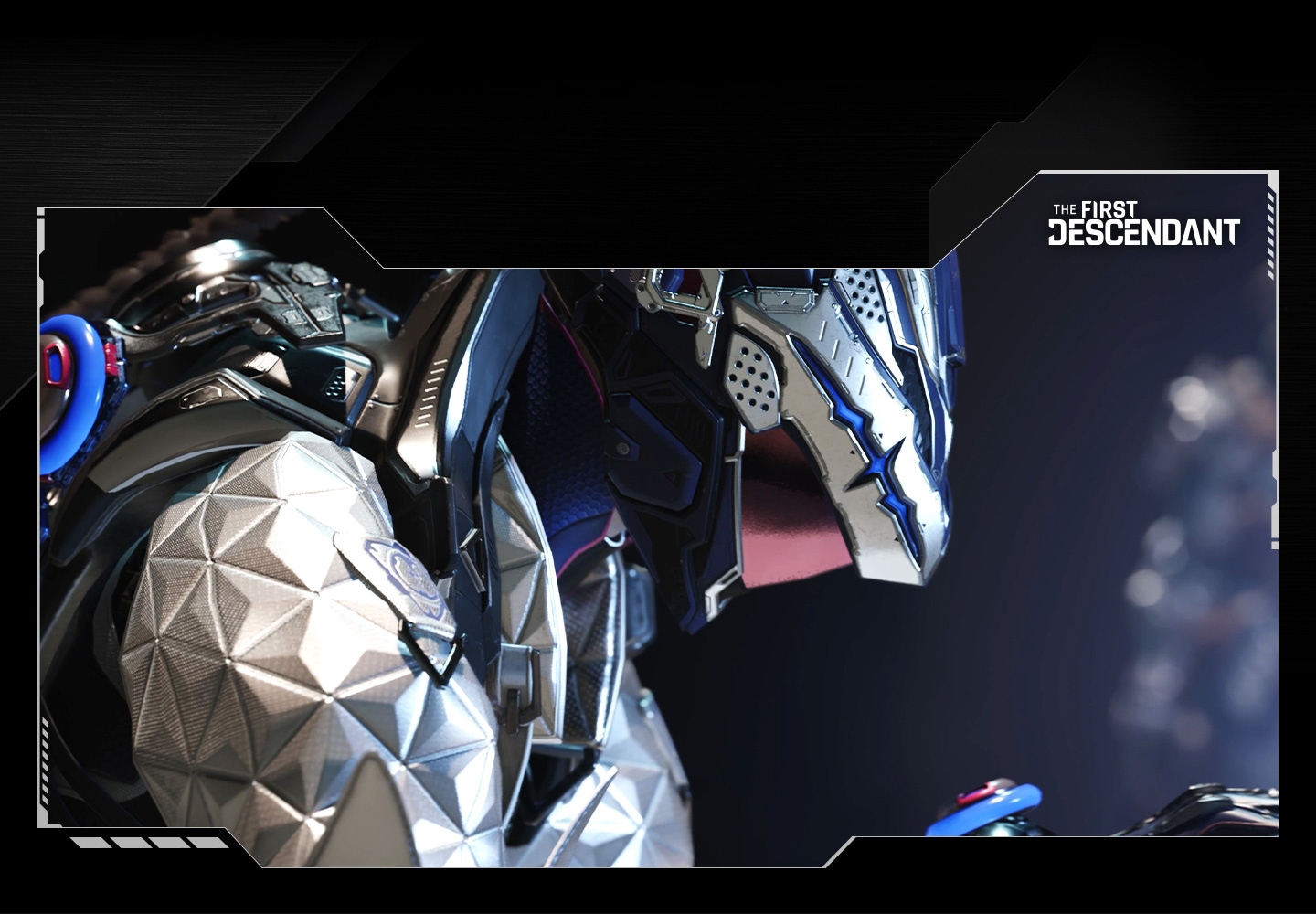 A Samsung Gaming TV displays The First Descendant game in action. A close-up of a cyberwarrior. Warriors fight a foe with a laser gun and fly over the water. A woman looks up. Several warriors run into the distance. A warrior shoots an attaching line to a monster and pulls herself up. A glowing red aircraft in the sky begins turning invisible. Two warriors stare at a fallen structure as it burns up.