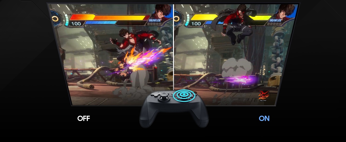 A split screen displays the same brawler character on both sides. With Auto Low Latency Mode turned Off on the left side, the character is unable to dodge a blast. With Auto Low Latency Mode turned On in the right side, the screen reacts faster to the controller, allowing the character to dodge the blast.