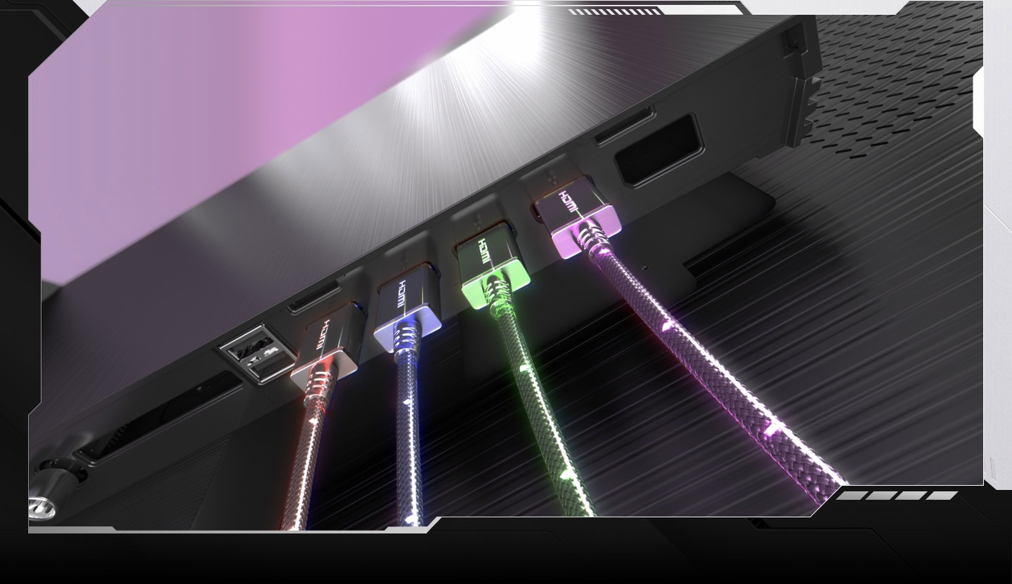 A Samsung Gaming TV rotates to show its back, where the HDMI 2.1 ports are located. Four HDMI cables are plugged in. Each surges with power in a different color, including red, blue, green and pink. Rotating shots of the connected devices, such as consoles and controllers.