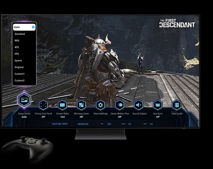 Samsung TV with a controller displays the First Descendant on screen with the Game Bar.