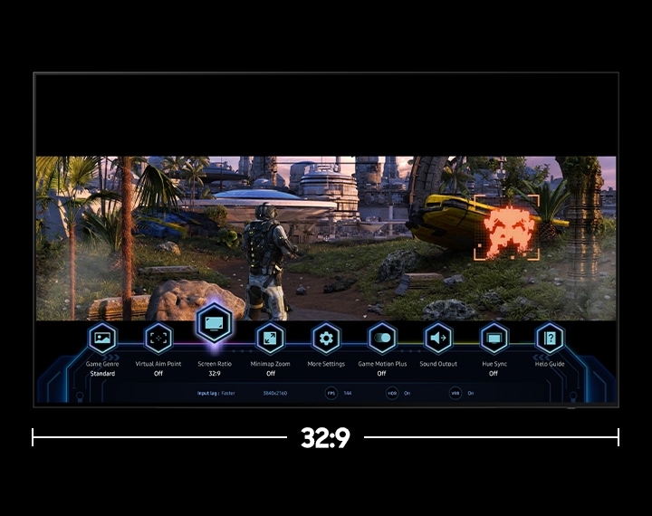 Through Super UltraWide GameView, a Samsung Gaming TV changes the screen ratio to 21:9 and then 32:9 in order to see more of the game.